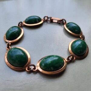 Vintage Copper Glass Cabochon Link Bracelet Green Mid Century Modern